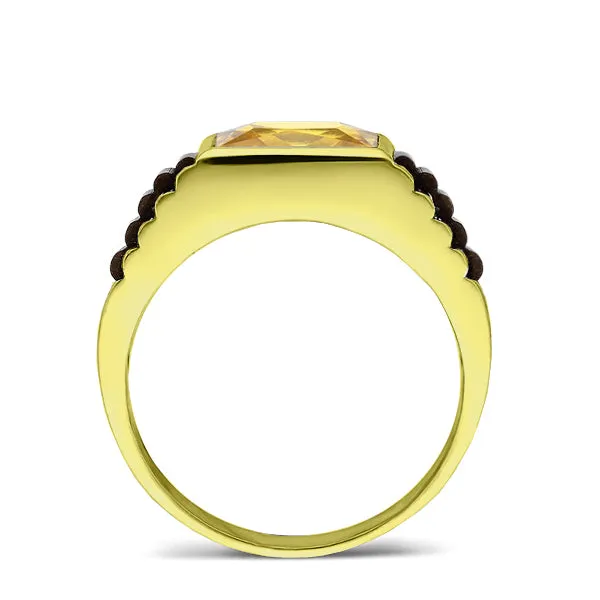 Solid 10k Yellow Gold Mens Ring Yellow Citrine Gemstone Modern Band Ring for Man