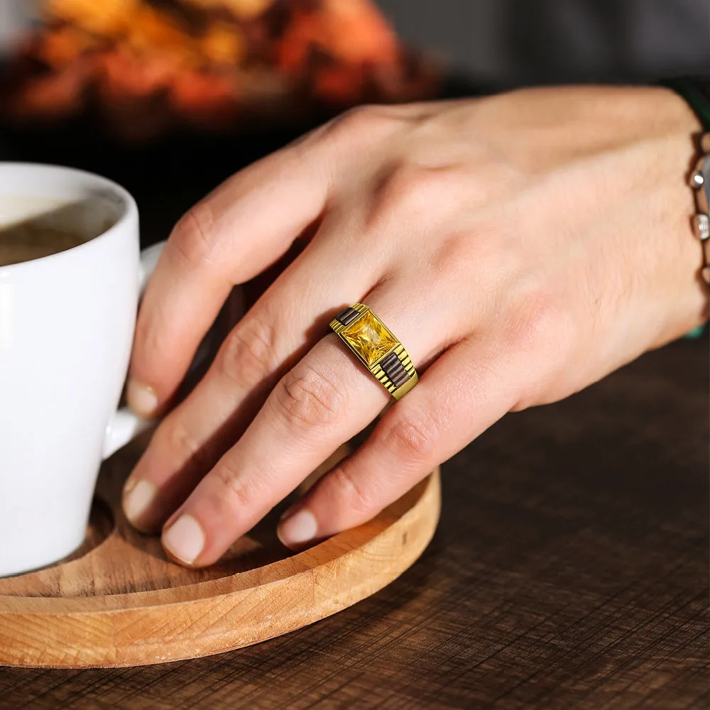 Solid 10k Yellow Gold Mens Ring Yellow Citrine Gemstone Modern Band Ring for Man