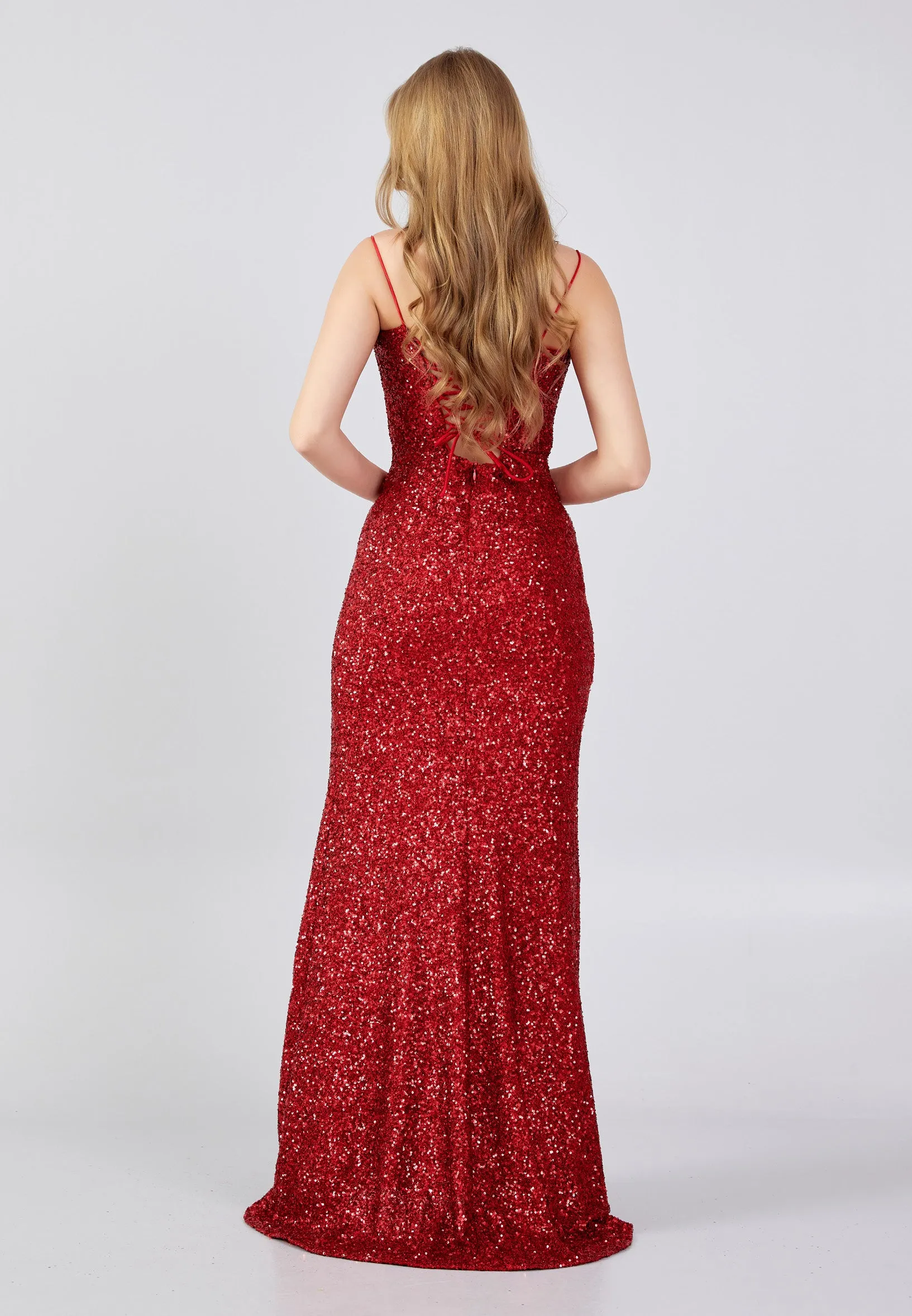 Spaghetti Strap Plunging Neckline Backless Sequin Maxi Dress - Red