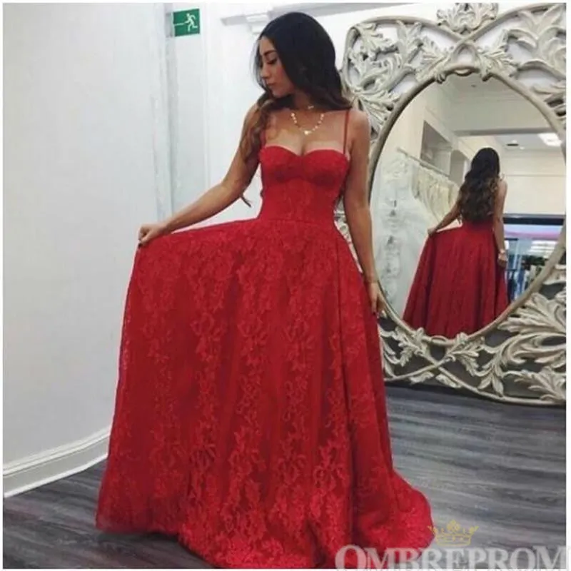 Spaghetti Straps Sweetheart Floor Length Red Lace Prom Dresses