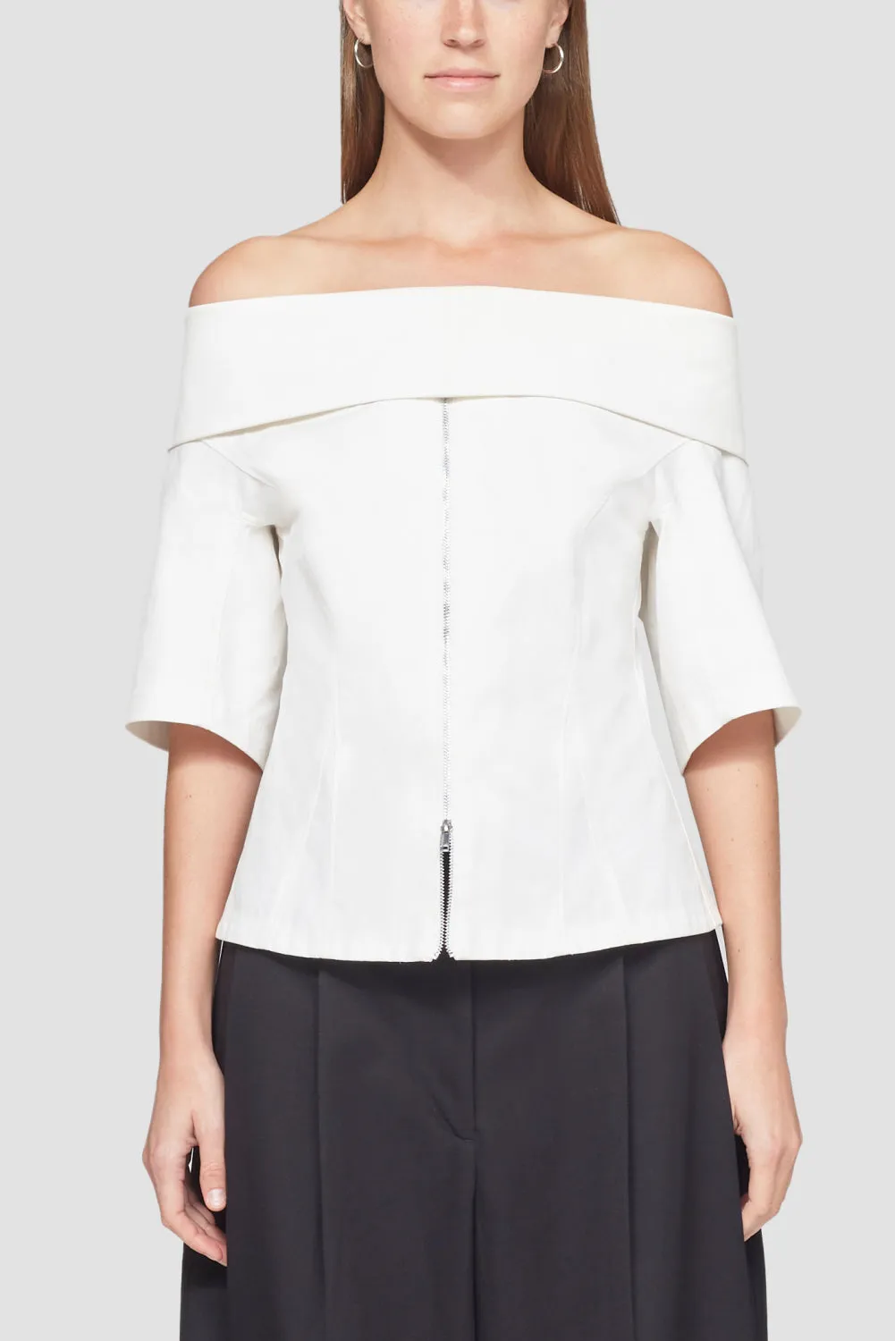 Structured Cotton Off Shoulder Zip-Front Top