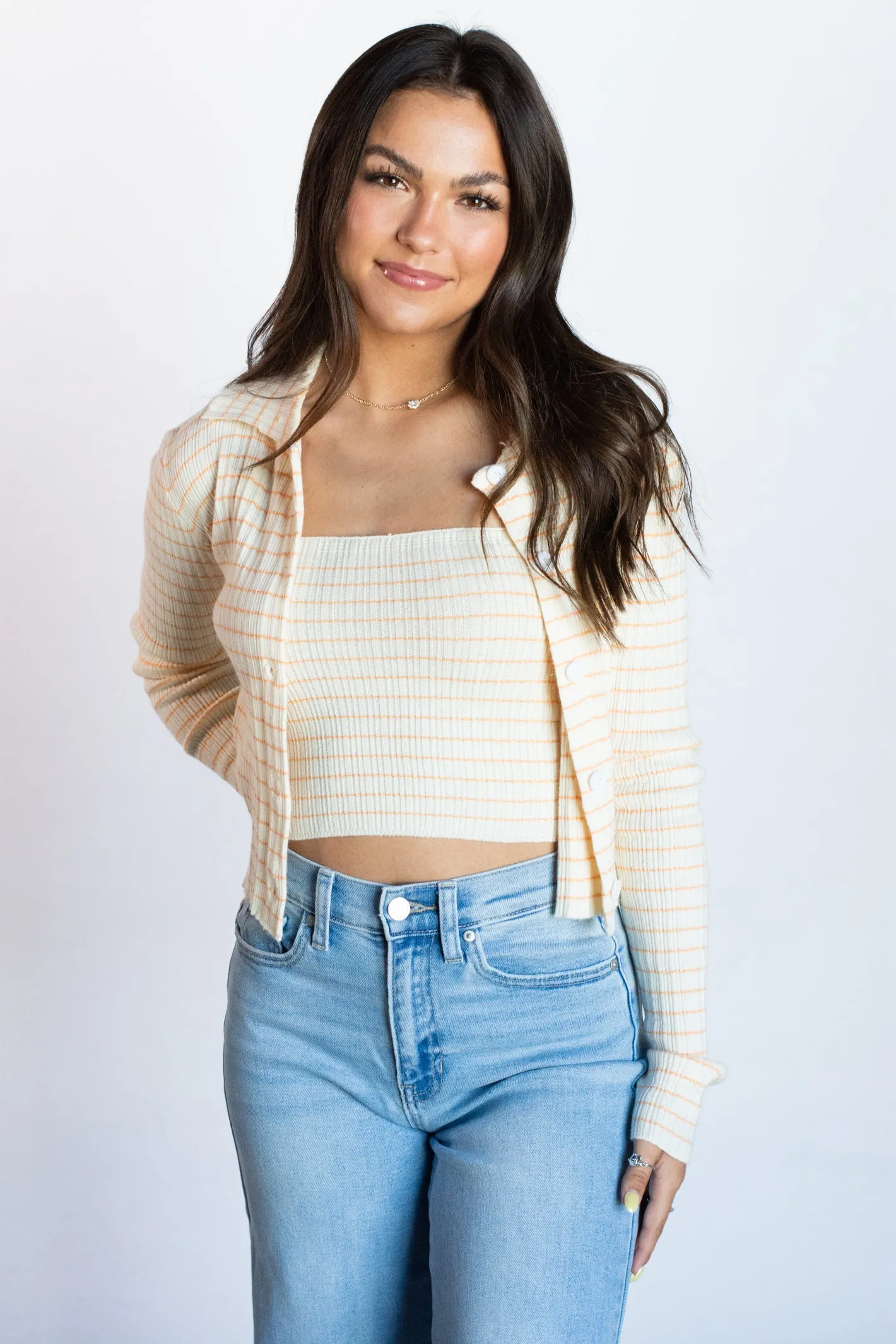 Stylish Appeal Orange Striped Tube Top and Cardigan