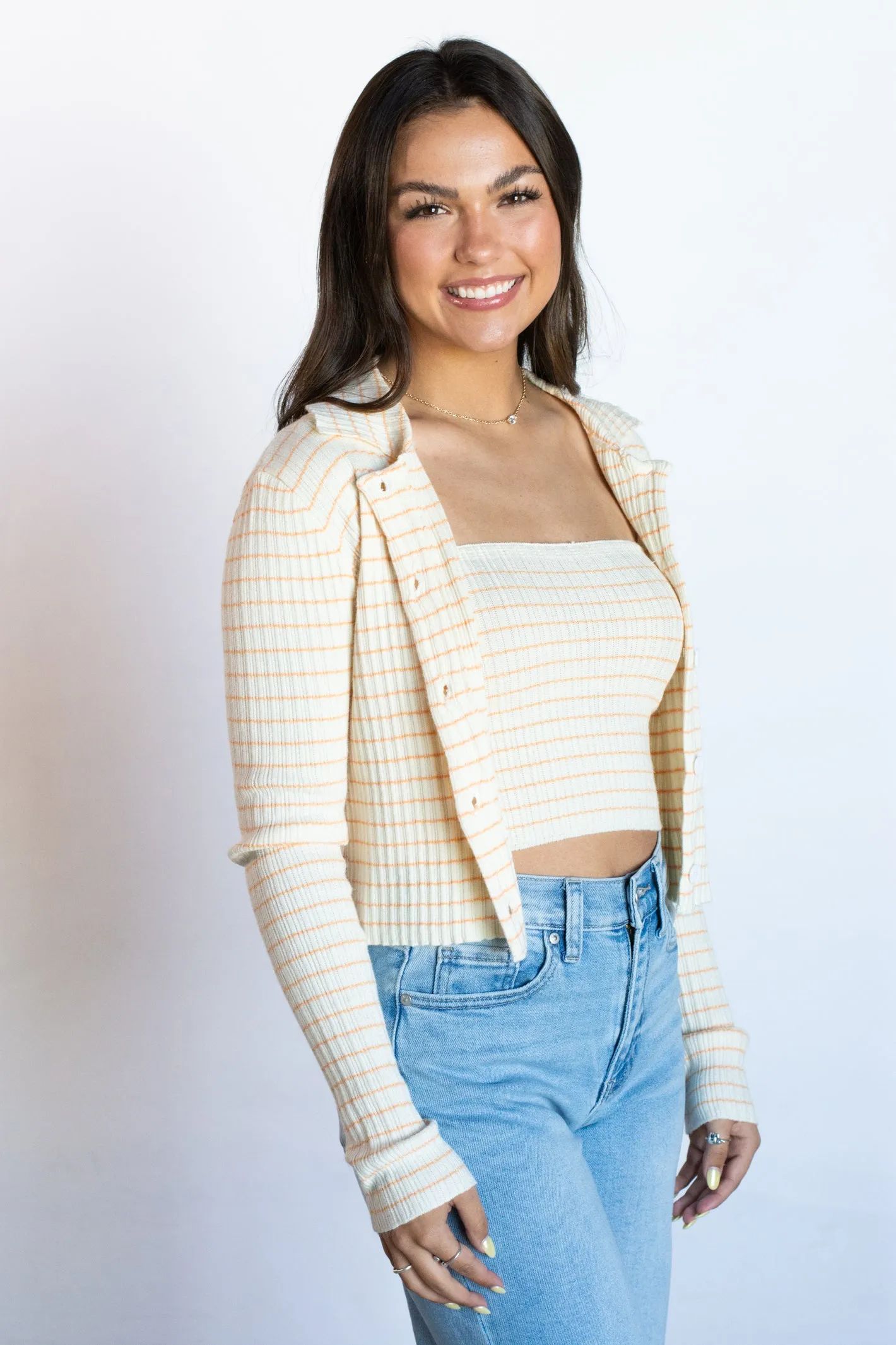 Stylish Appeal Orange Striped Tube Top and Cardigan