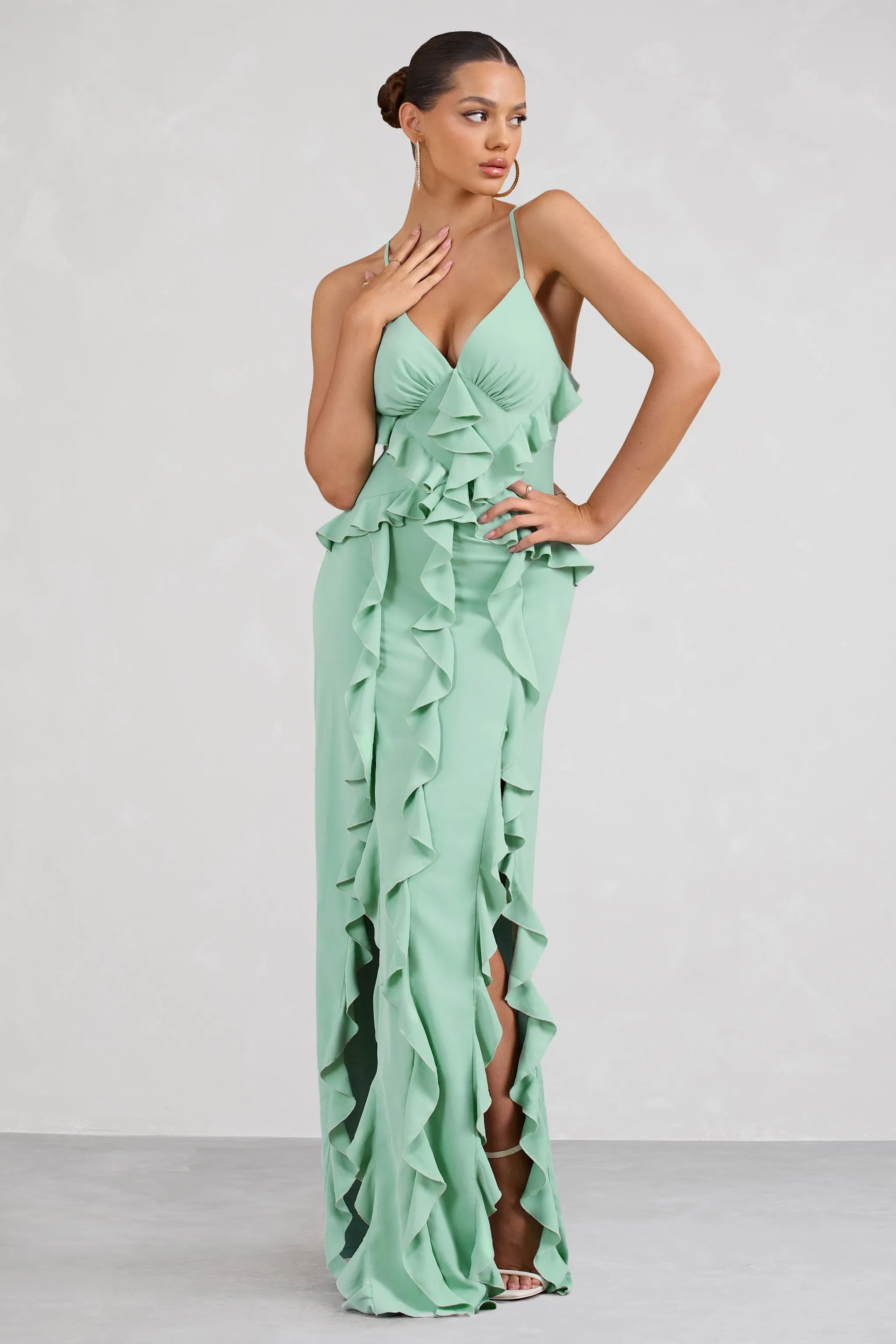 Syrah | Mint Green Chiffon Ruffle Cami Maxi Dress