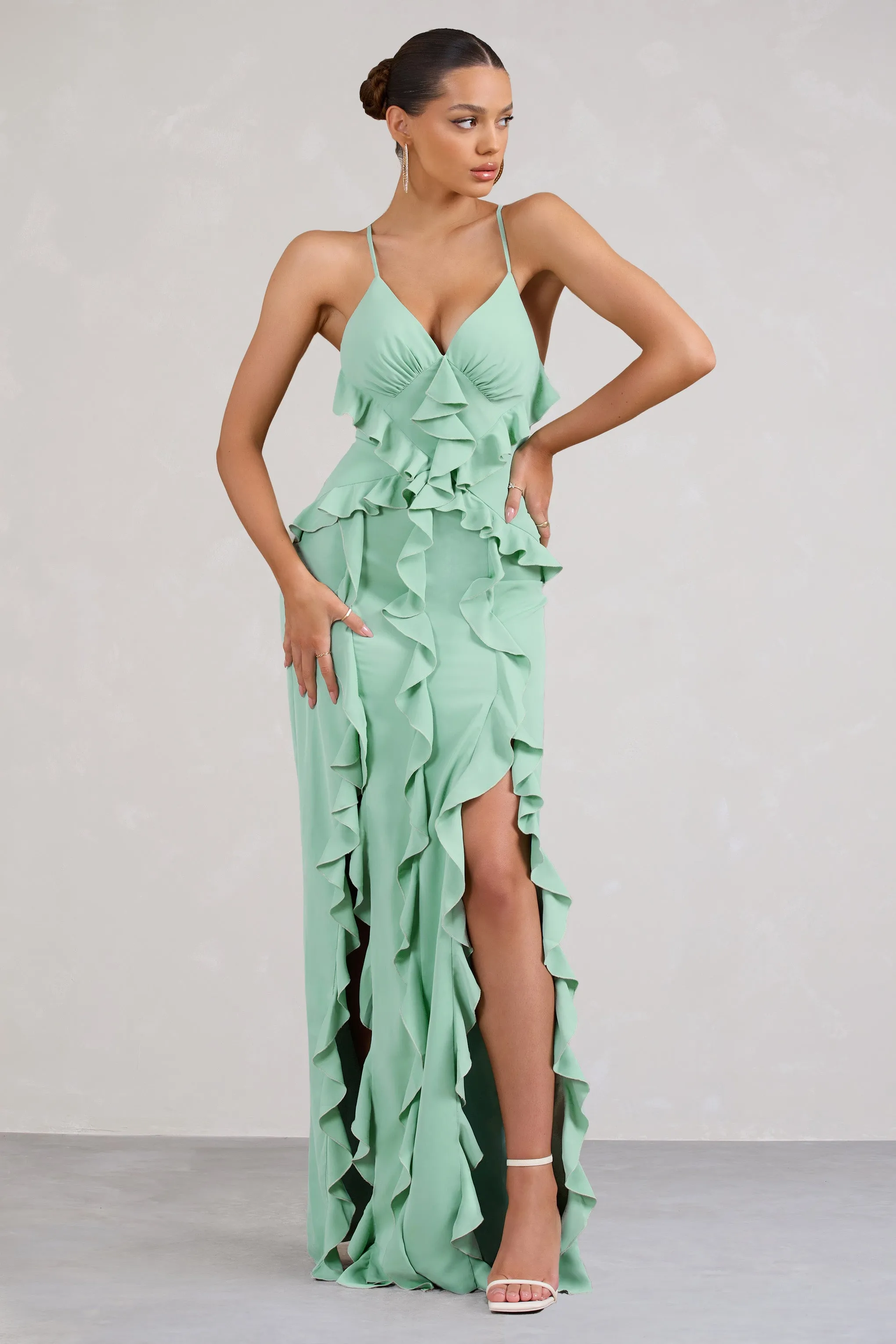 Syrah | Mint Green Chiffon Ruffle Cami Maxi Dress