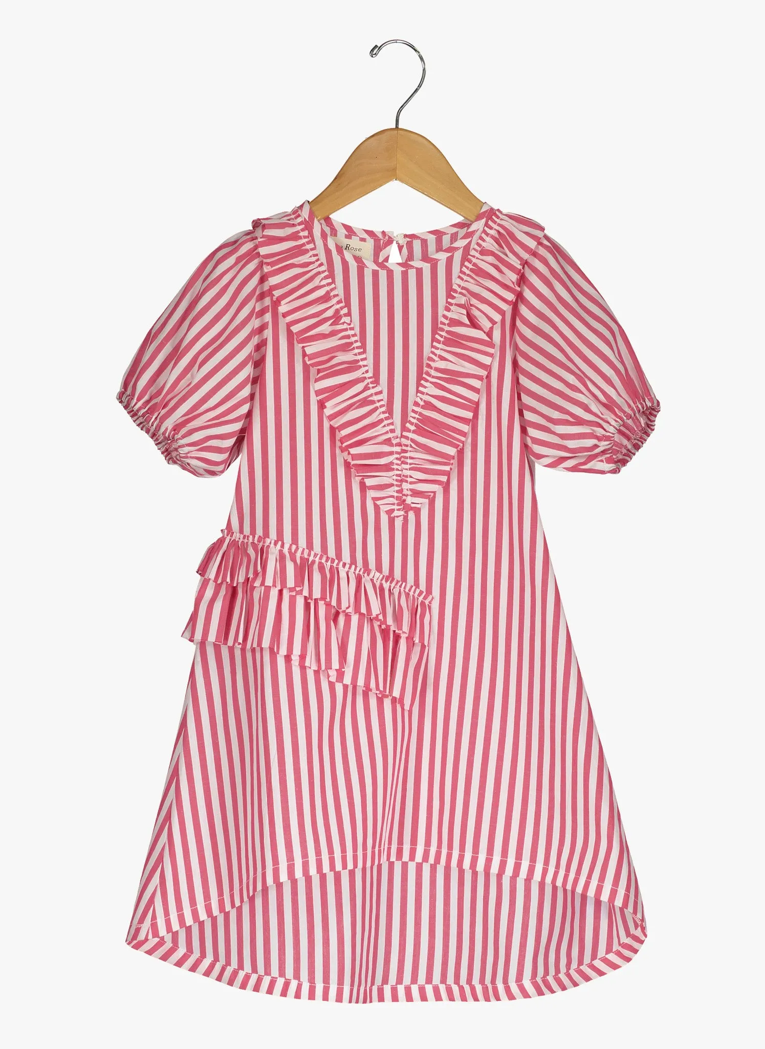 Vierra Rose Abella Ruffle Neckline Dress in Red and White Stripes