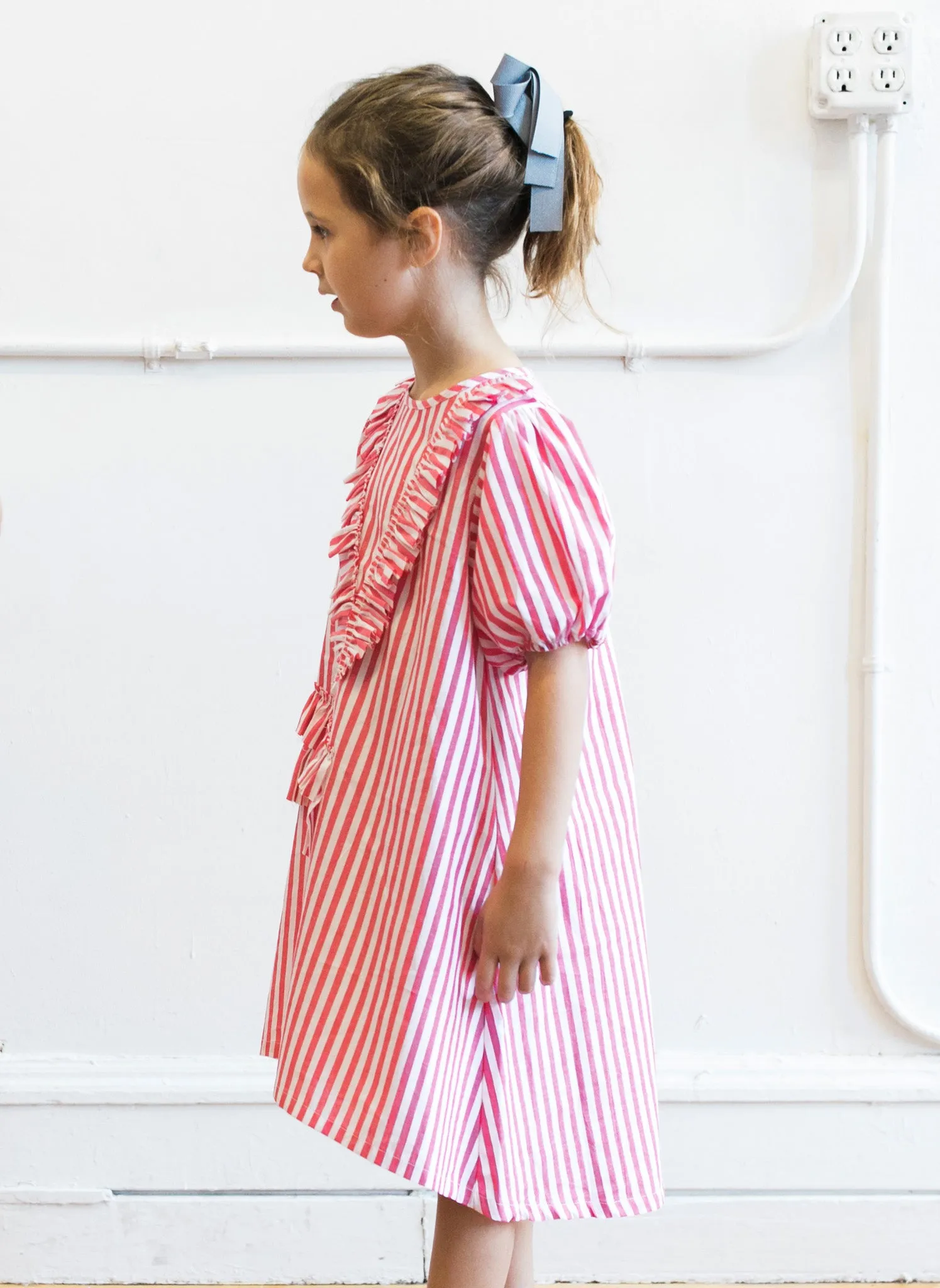 Vierra Rose Abella Ruffle Neckline Dress in Red and White Stripes