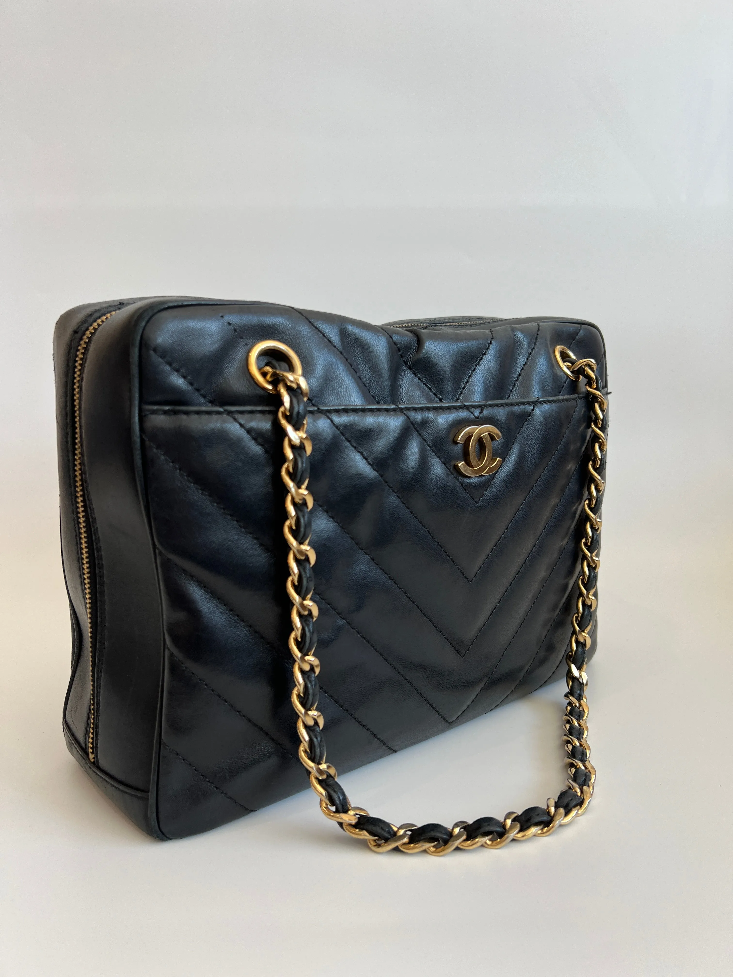 Vintage Black Lambskin Chevron Quilted Camera Case Bag