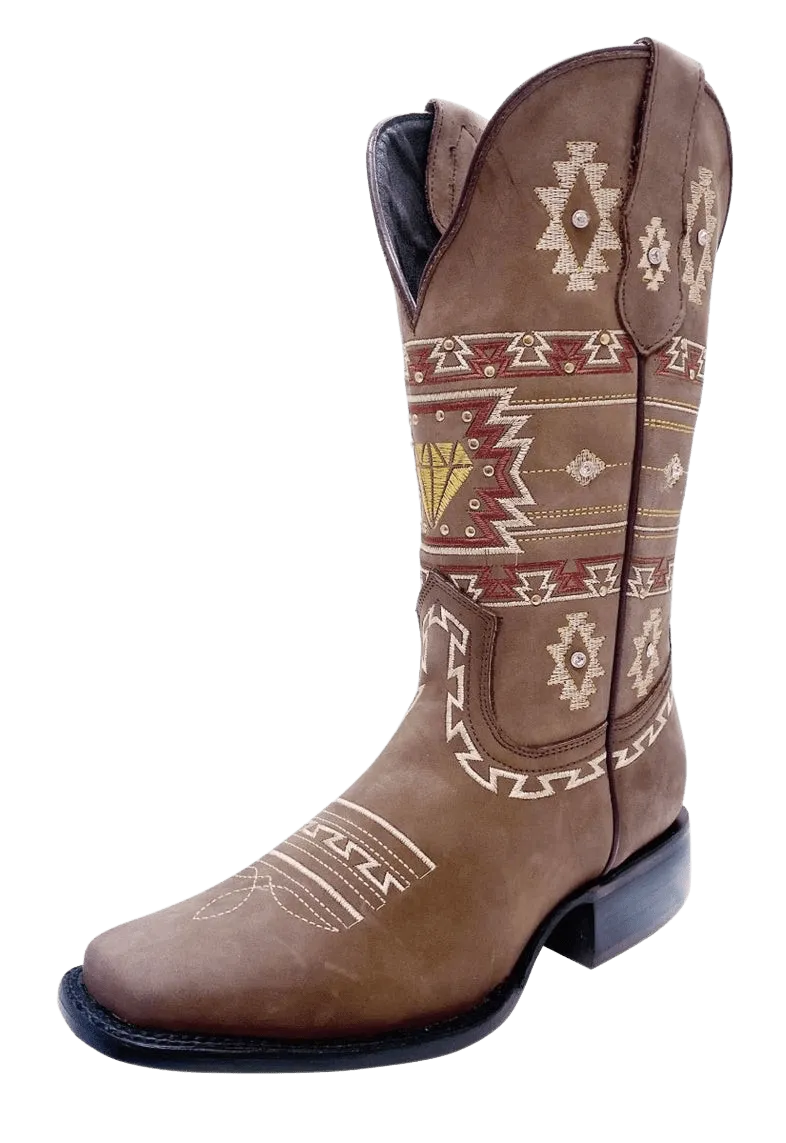 Women's Light Brown with Navajo Design Square Toe Rodeo Boot